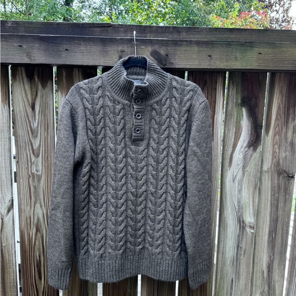 Lorenzo Magni Button Mockneck Cable  Sweater - Heathered Warm Gray